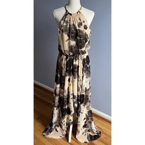 Eliza J Floral Print Necklace Halter Dress High Low Cut Chiffon Women's Size 6